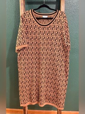 Calvin Klein brown and Black Allover CK Monogram Short sleeve sweater dress